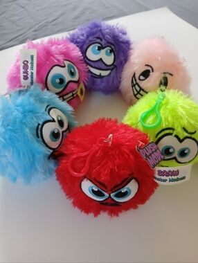 Vintage 6 Piece Bundle, Plush Mood Fuzzy Keychain Balls - Assorted Colors